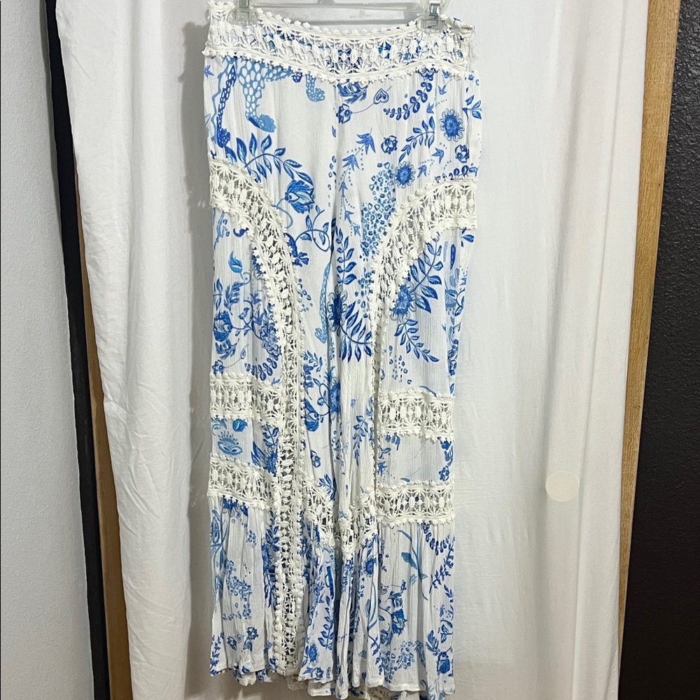 Boho Wide Leg Pants in Blue & White Floral